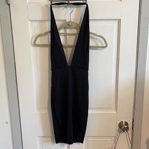 Fashion Nova Open Back Deep V Neck Black Mini Dress Siza UK 8 USA 4 Never Worn